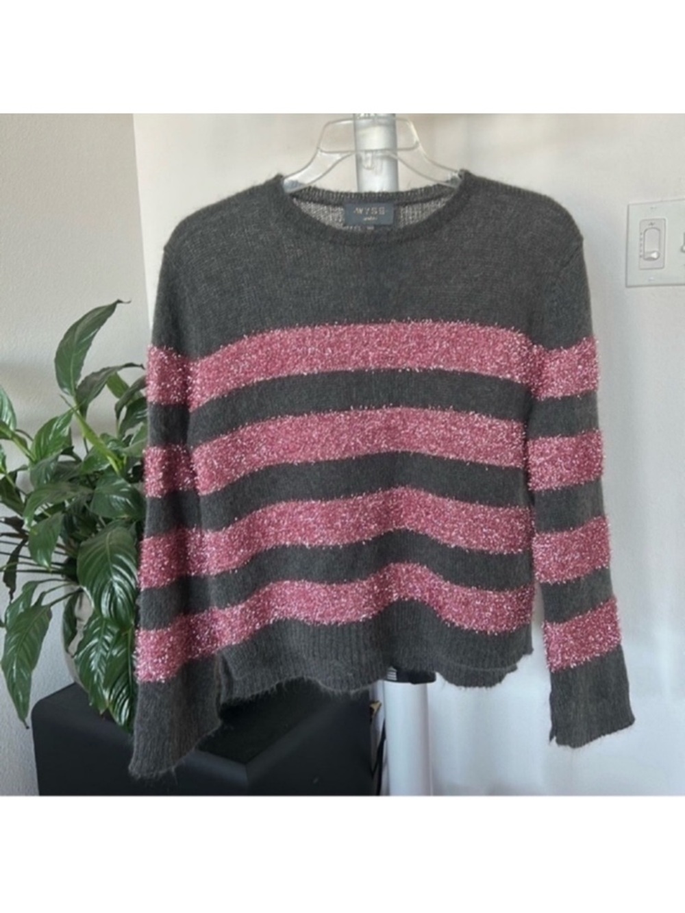 WYSE London Knit Wool Mohair Blend Sweater Sz M/L Striped Gray Pink Sparkly
